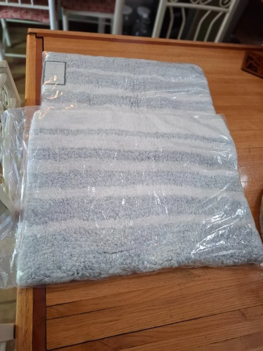 Two 20 x 32 Threshold Gray/Blue & White Stripe Bath Bathroom Rugs NWT